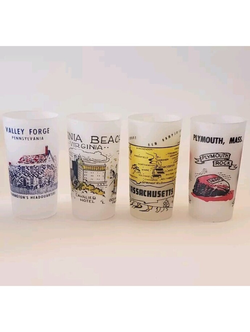 MCM FROSTED Tumblers VTG Drinking Glass Vacation Souvenir Virginia Beach Mass PA